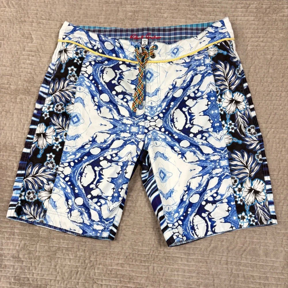 Robert Graham Mens Blue Marble Floral Board Shorts Swim Trunks Classic Fit 36